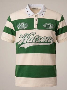 ❇️👕❇️ Watson Green  & Cream Striped Rhinestone Polo - S